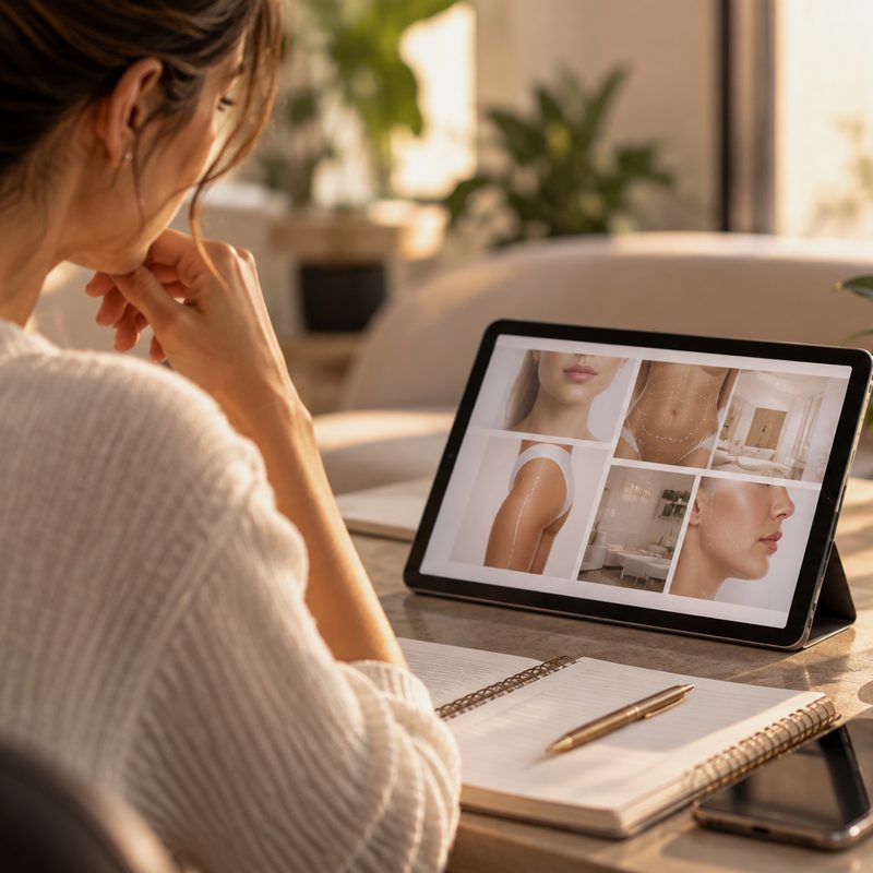 Mulher pensativa pesquisando procedimentos estéticos em um tablet