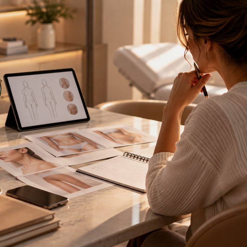 Mulher analisando com calma as etapas de um tratamento, com anotações e tablet